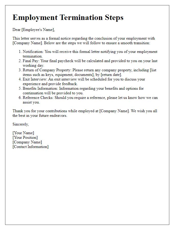 Letter template of steps for concluding employment