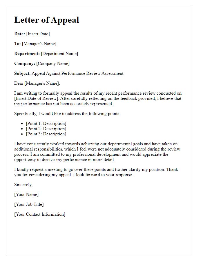 Letter template of appeal against performance review assessment