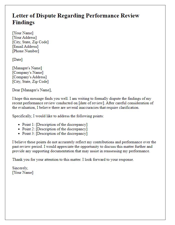 Letter template of dispute concerning performance review findings