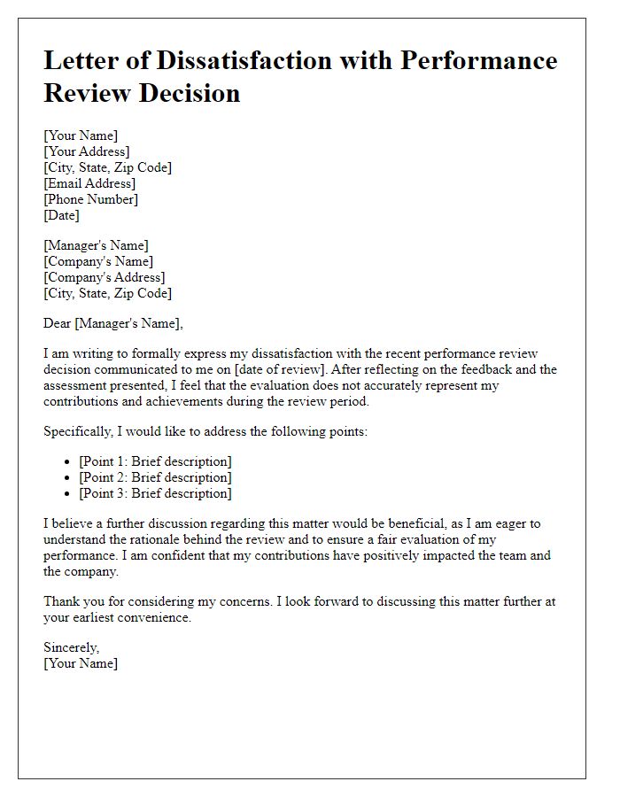 Letter template of dissatisfaction with performance review decision