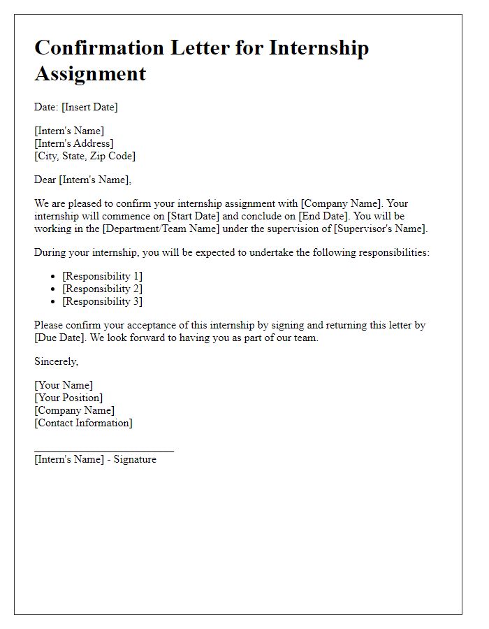 Letter template of Confirmation Letter for Internship Assignment