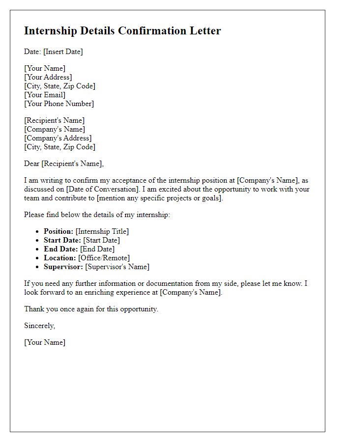 Letter template of Internship Details Confirmation Letter