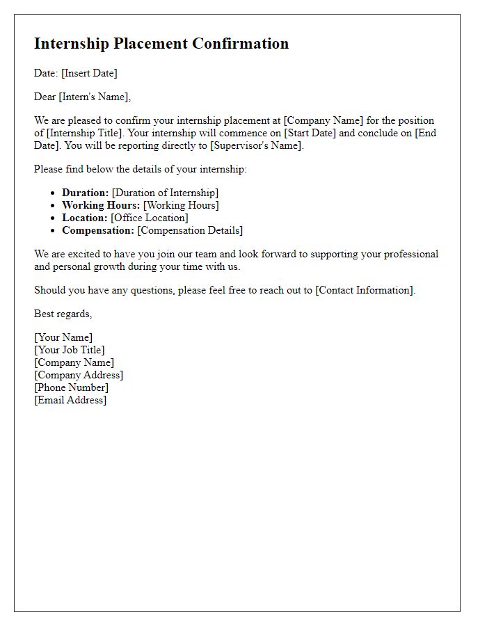 Letter template of Internship Placement Confirmation