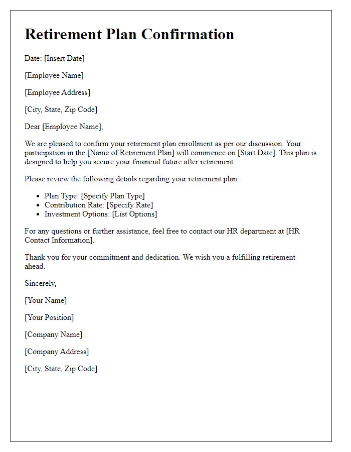 Letter template of retirement plan confirmation letter.