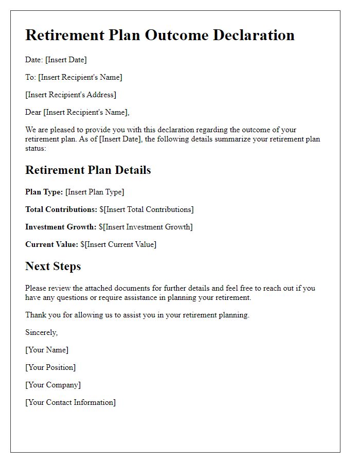 Letter template of retirement plan outcome declaration.