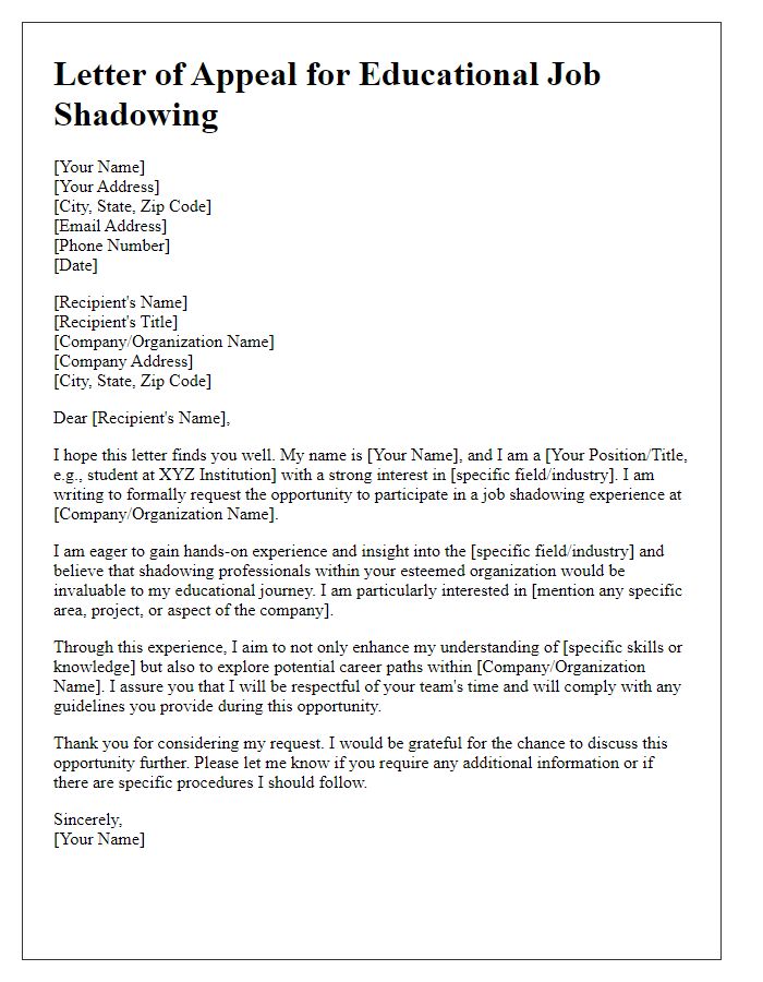 Letter template of appeal for educational job shadowing