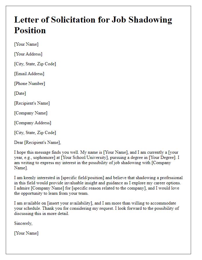 Letter template of solicitation for job shadowing positions