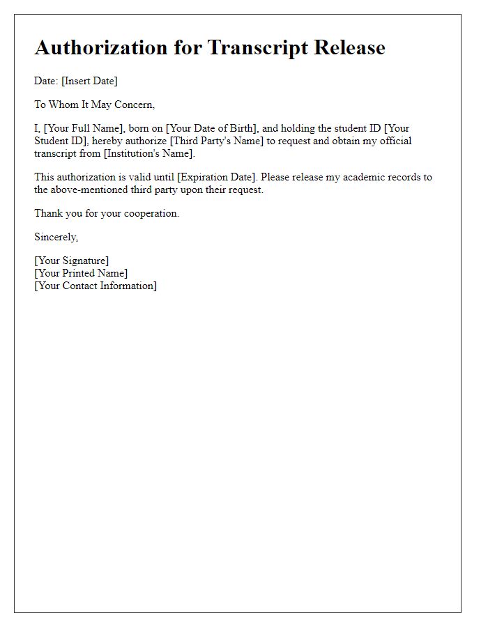 Letter template of authorization for third-party official transcript release.