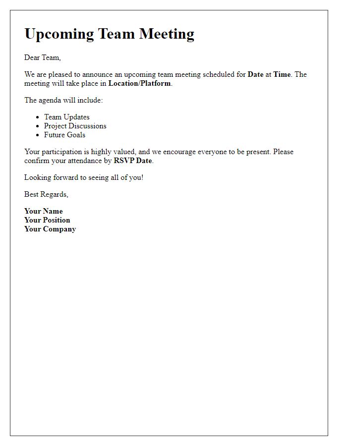 Letter template of announcement for upcoming team meeting participation