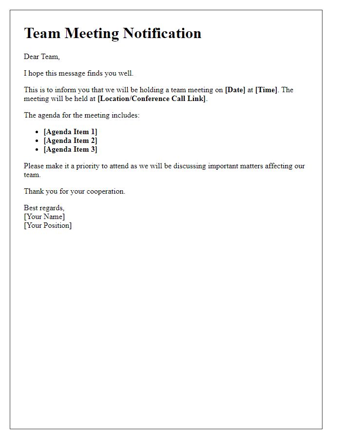 Letter template of notification for team meeting involvement