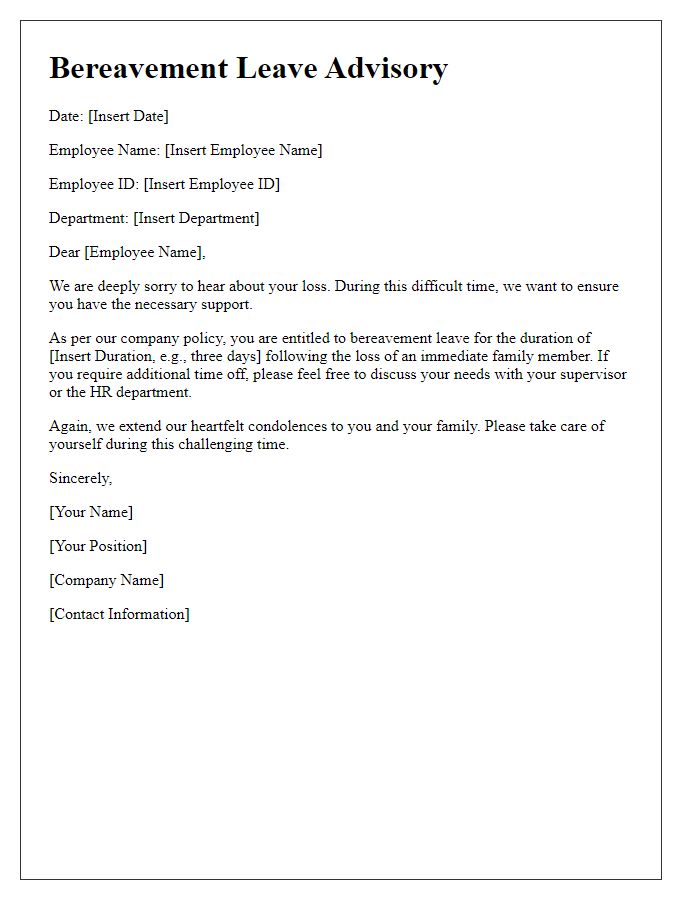 Letter template of advising on bereavement leave duration.