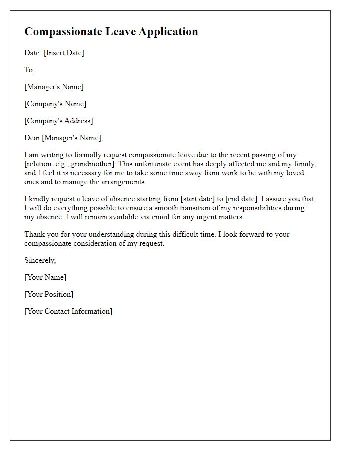 Letter template of applying for compassionate leave due to bereavement.