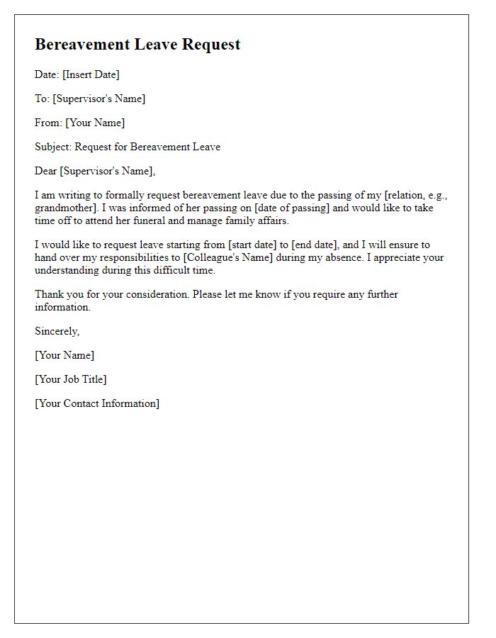 Letter template of documenting bereavement leave request.