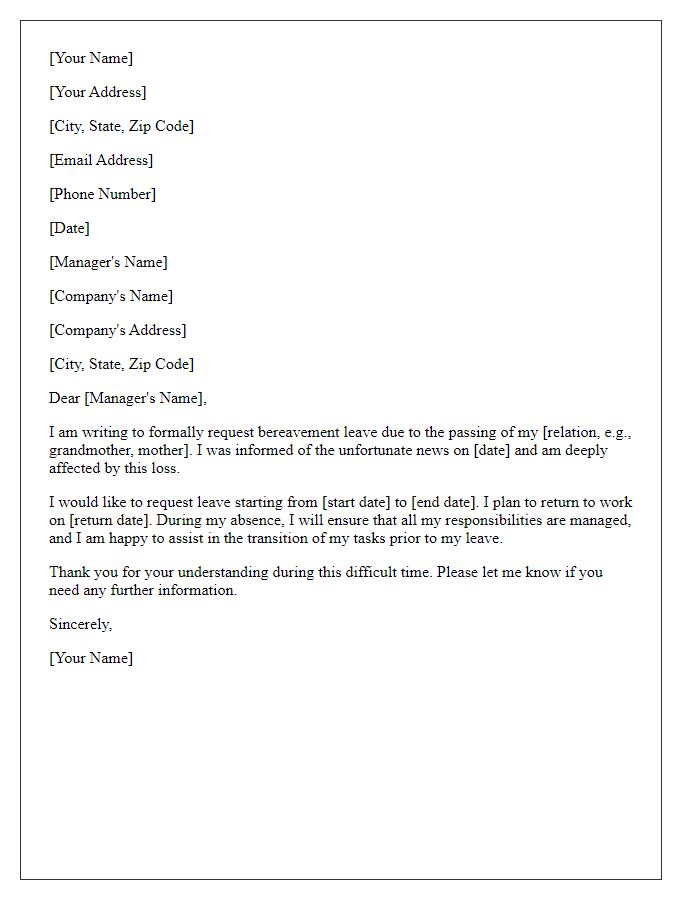 Letter template of formal bereavement leave notification.