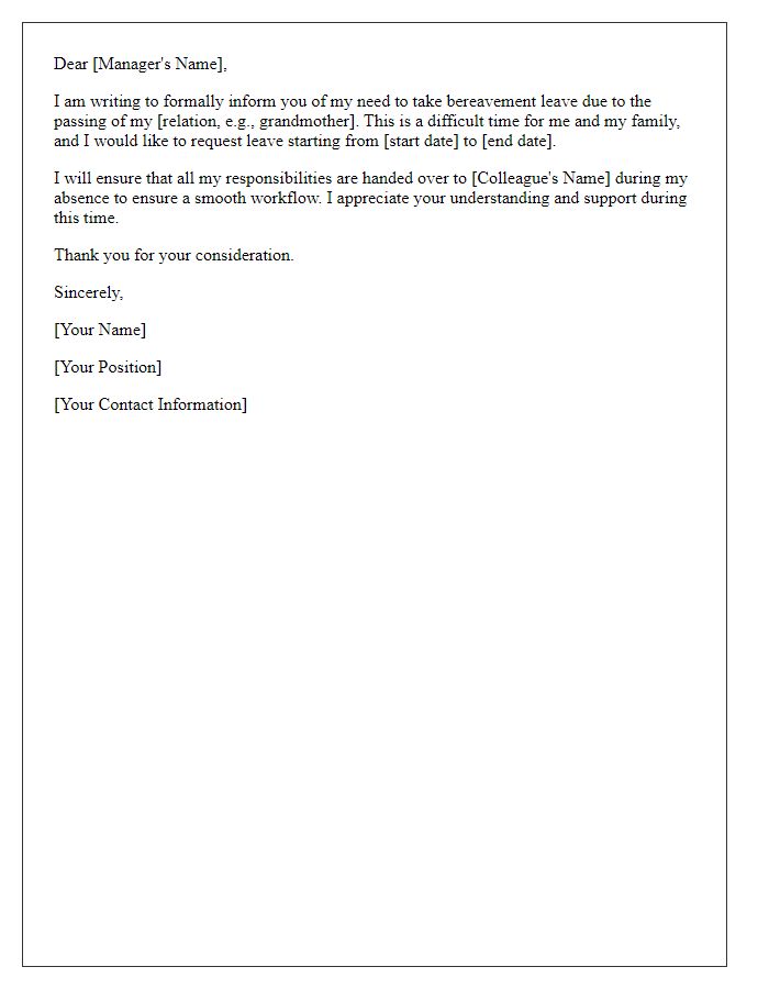 Letter template of informing manager about bereavement leave.