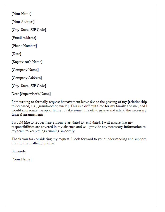 Letter template of seeking approval for bereavement leave.