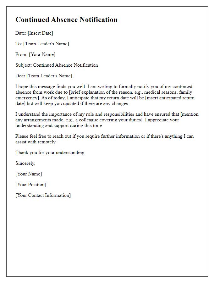 Letter template of continued absence notification for team leadership.