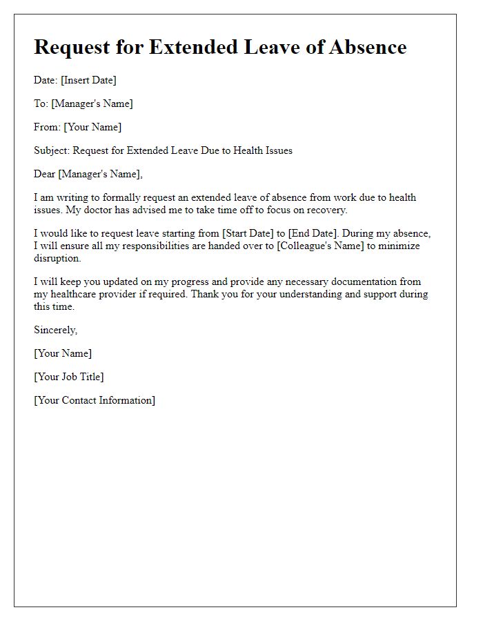 Letter template of extended leave due to health issues for workplace documentation.