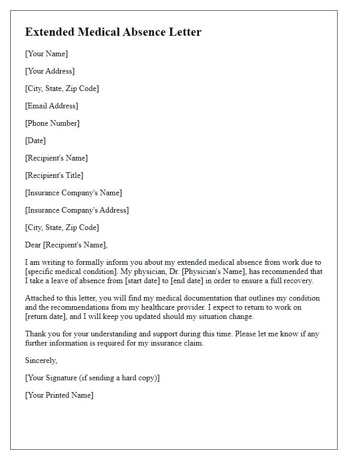 Letter template of extended medical absence for insurance purposes.