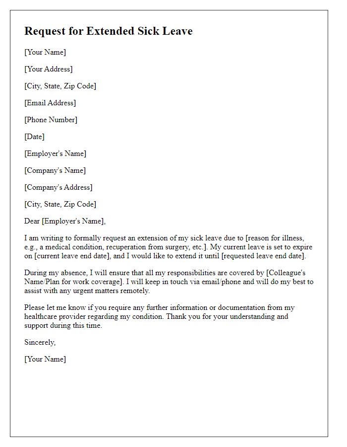 Letter template of extended sick leave request for employer notification.