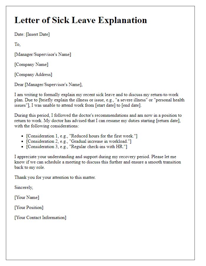 Letter template of sick leave explanation for return-to-work planning.
