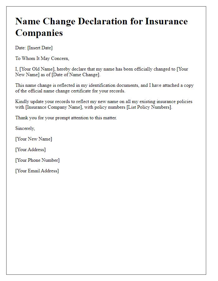 Letter template of Name Change Declaration for Insurance Companies