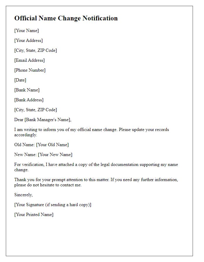 Letter template of Official Name Change Update for Banking Institutions