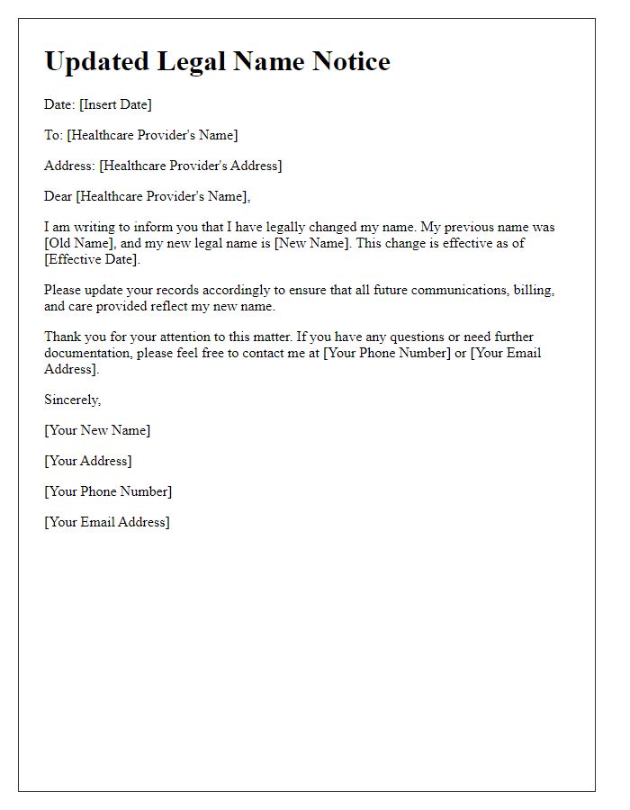 Letter template of Updated Legal Name Notice for Healthcare Providers