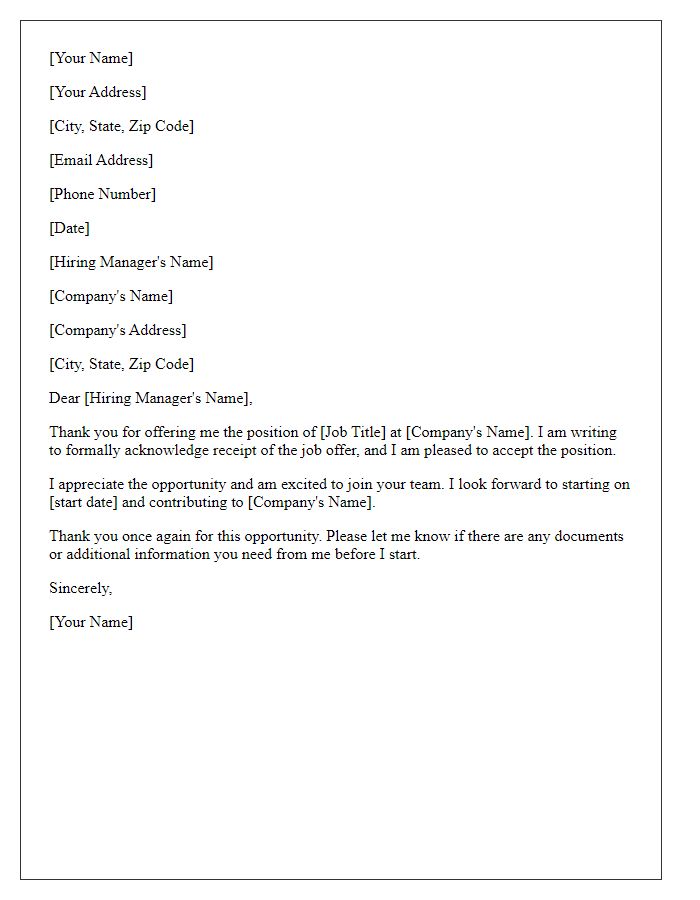 Letter template of acknowledgment for job offer