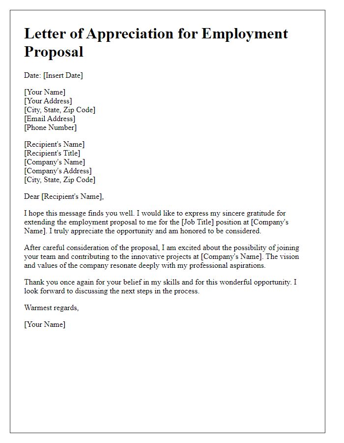 Letter template of appreciation for employment proposal