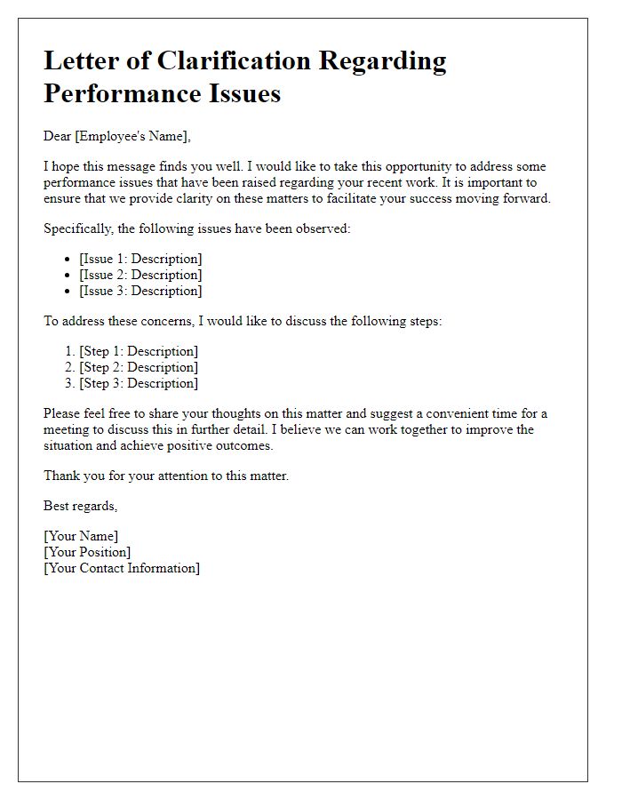 Letter template of clarifying performance issues raised