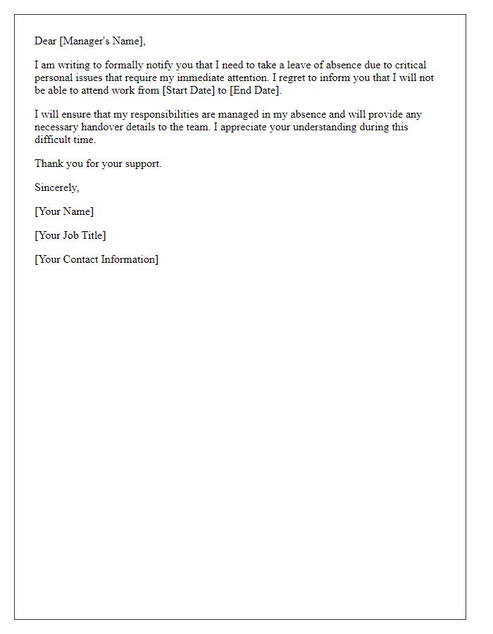 Letter template of swift leave notification for critical personal issues.