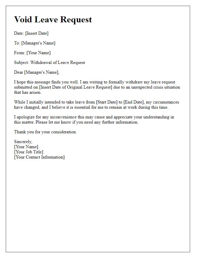 Letter template of void leave request for sudden crisis situation.