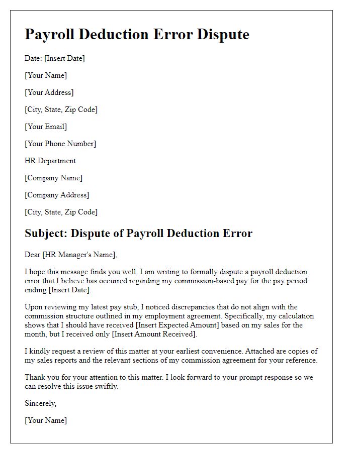 Letter template of payroll deduction error dispute for commission-based pay.