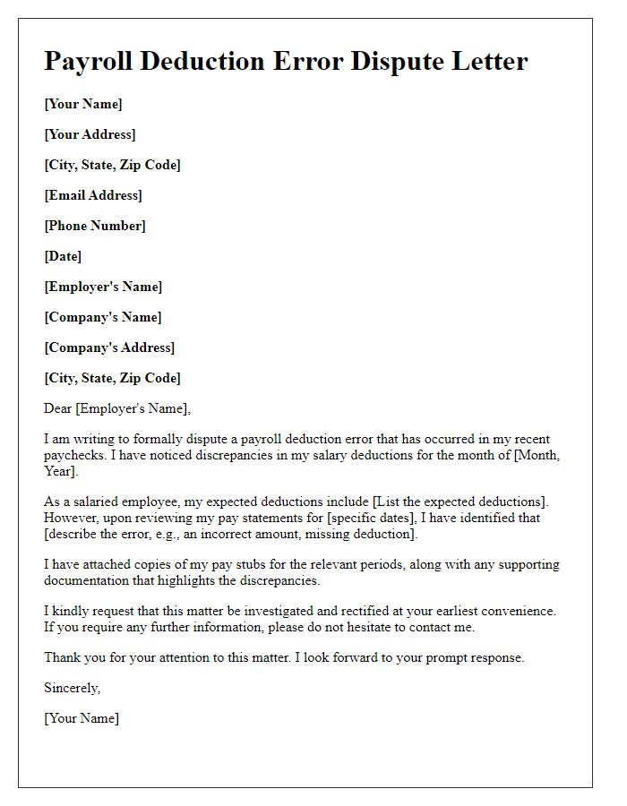 Letter template of payroll deduction error dispute for salaried employees.