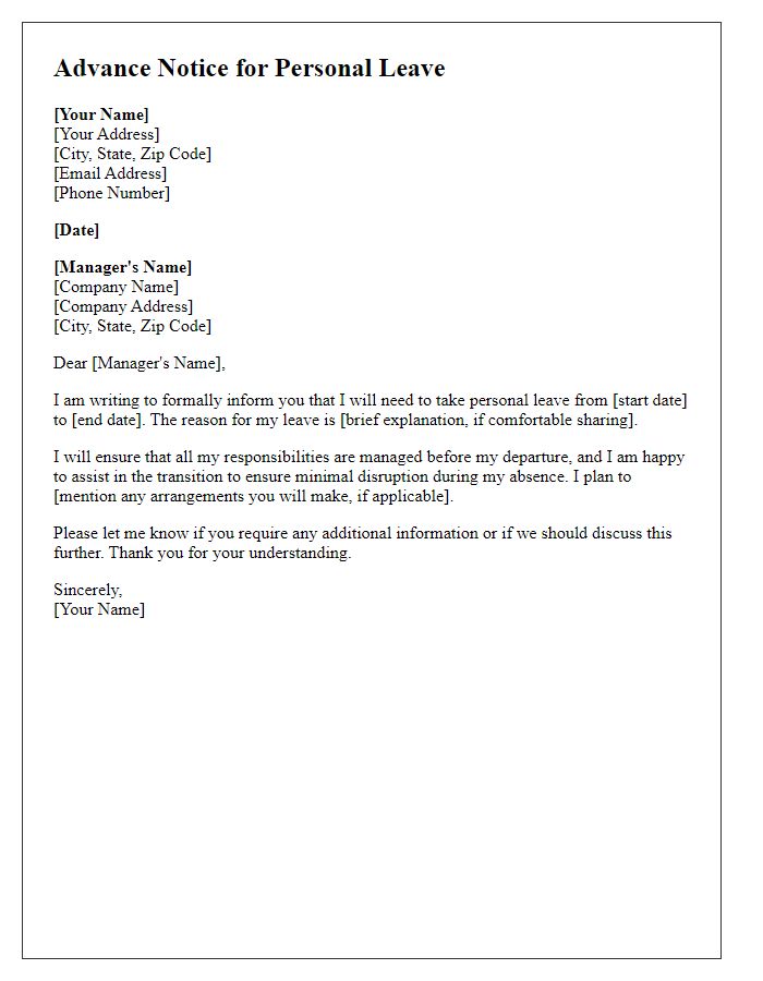 Letter template of advance notice for personal leave