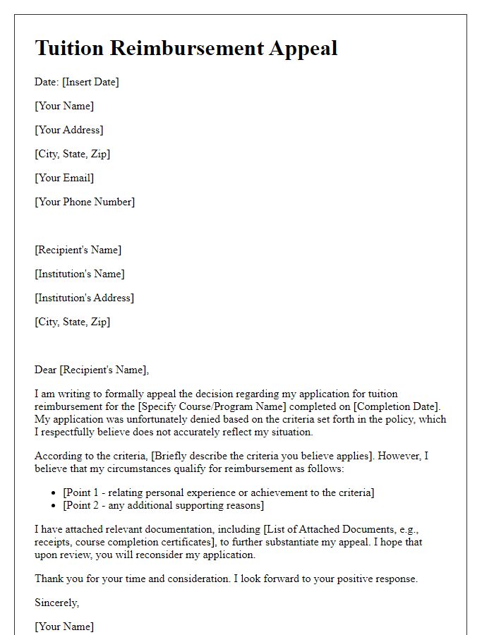 Letter template of appeal for tuition reimbursement criteria