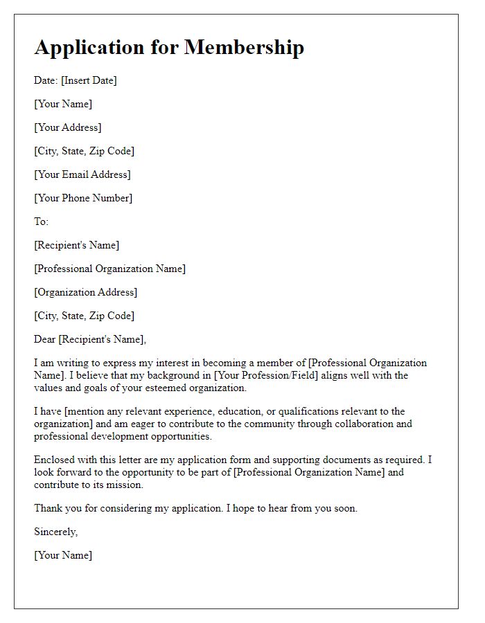 Letter template of application for membership in a professional organization.