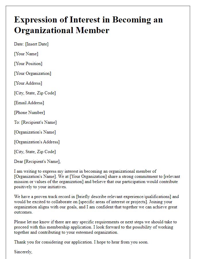 Letter template of expression of interest in becoming an organizational member.