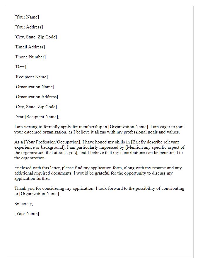 Letter template of formal application for organizational membership.