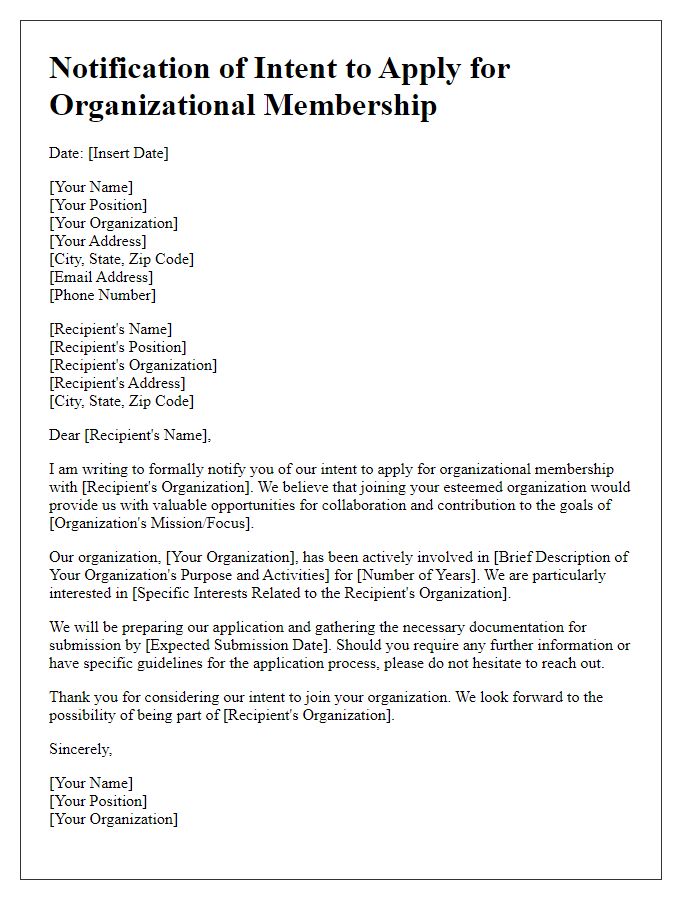 Letter template of notification of intent to apply for organizational membership.