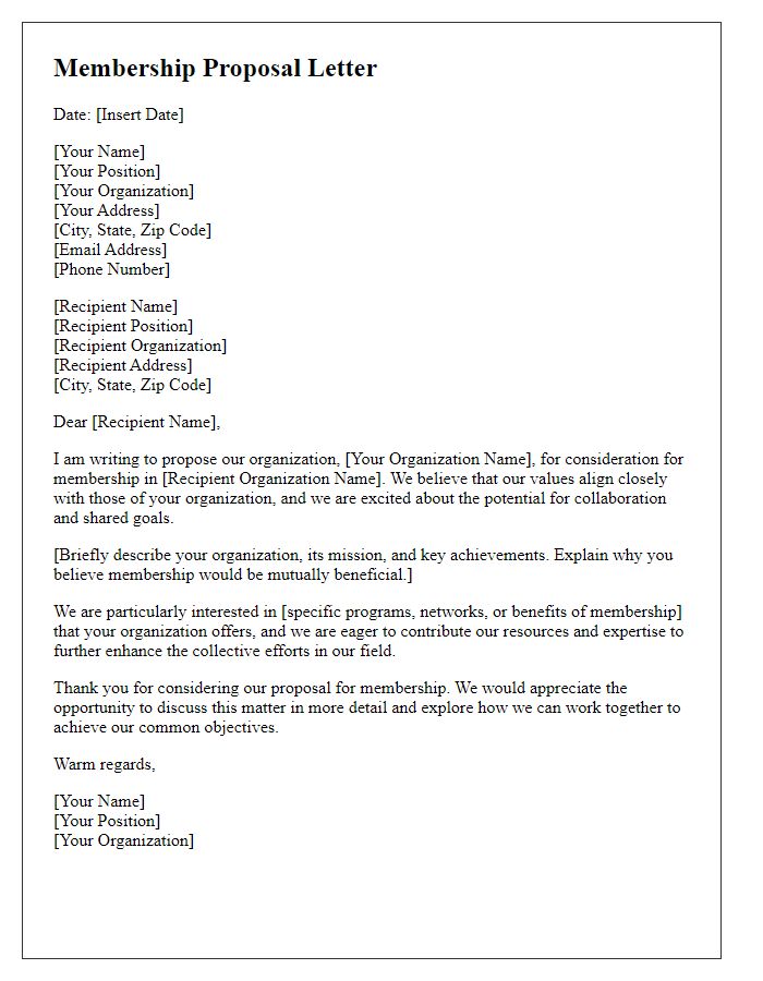 Letter template of proposal for organizational membership consideration.