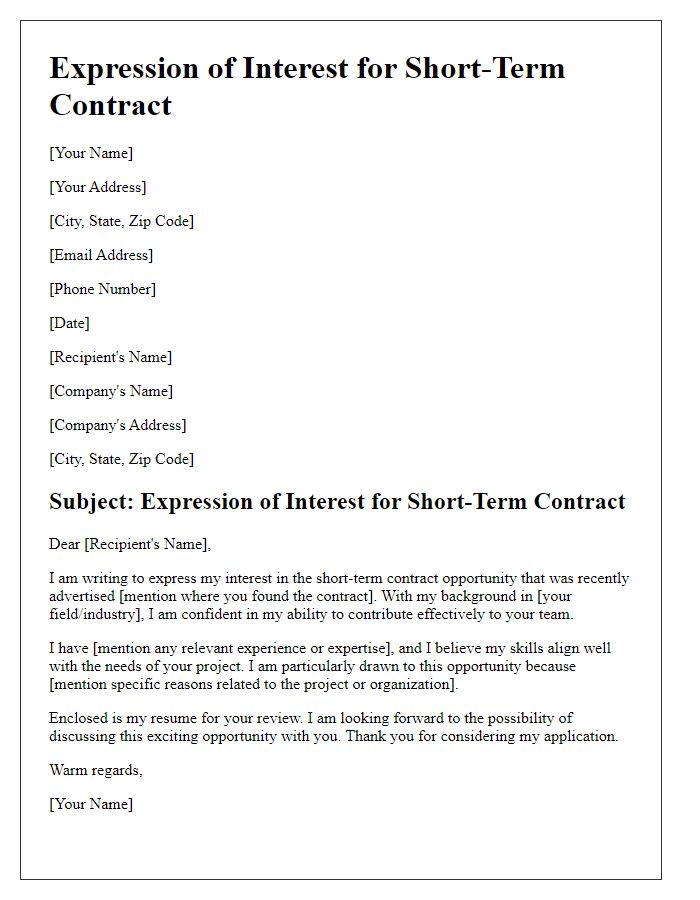 Letter template of expression of interest for a short-term contract