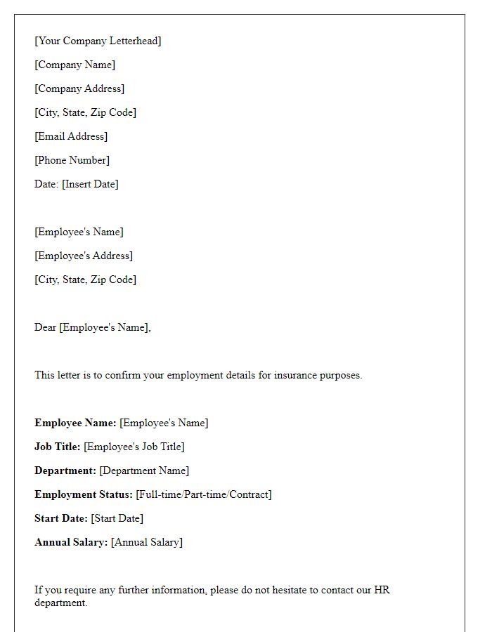 Letter template of employment details confirmation for insurance purposes.