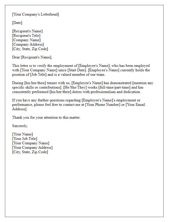 Letter template of employment verification for background check.