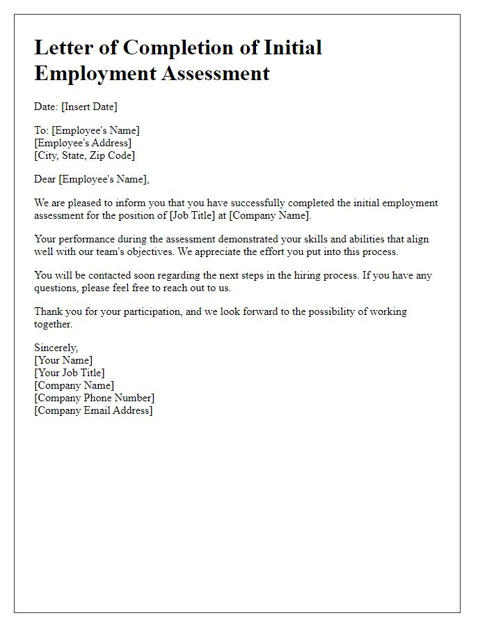 Letter template of completion of initial employment assessment