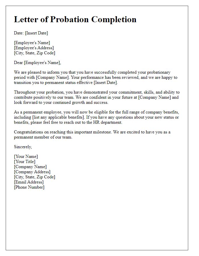 Letter template of probation completion and transition to permanent status