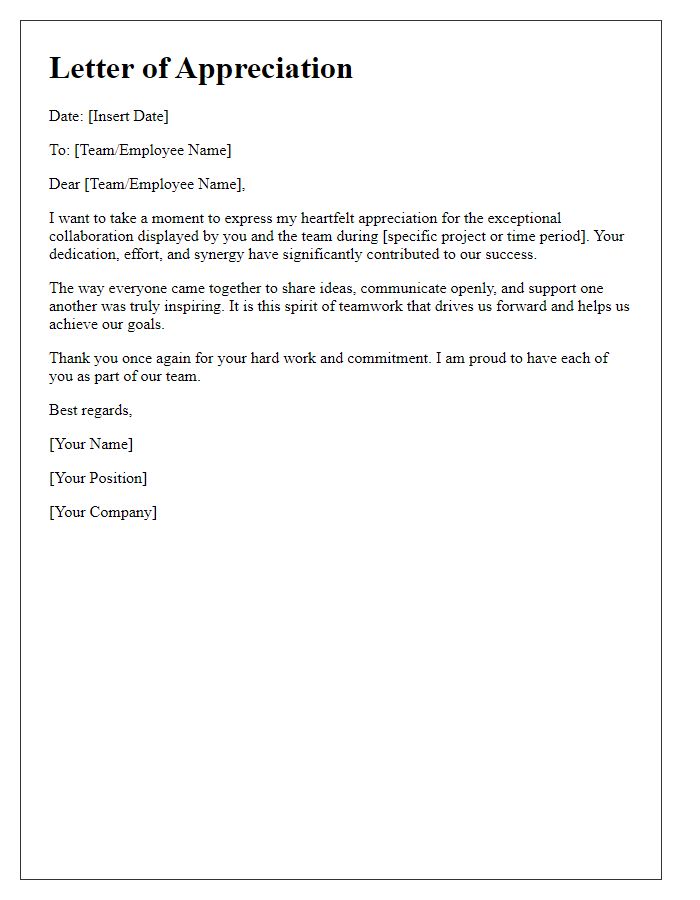 Letter template of appreciation for team collaboration