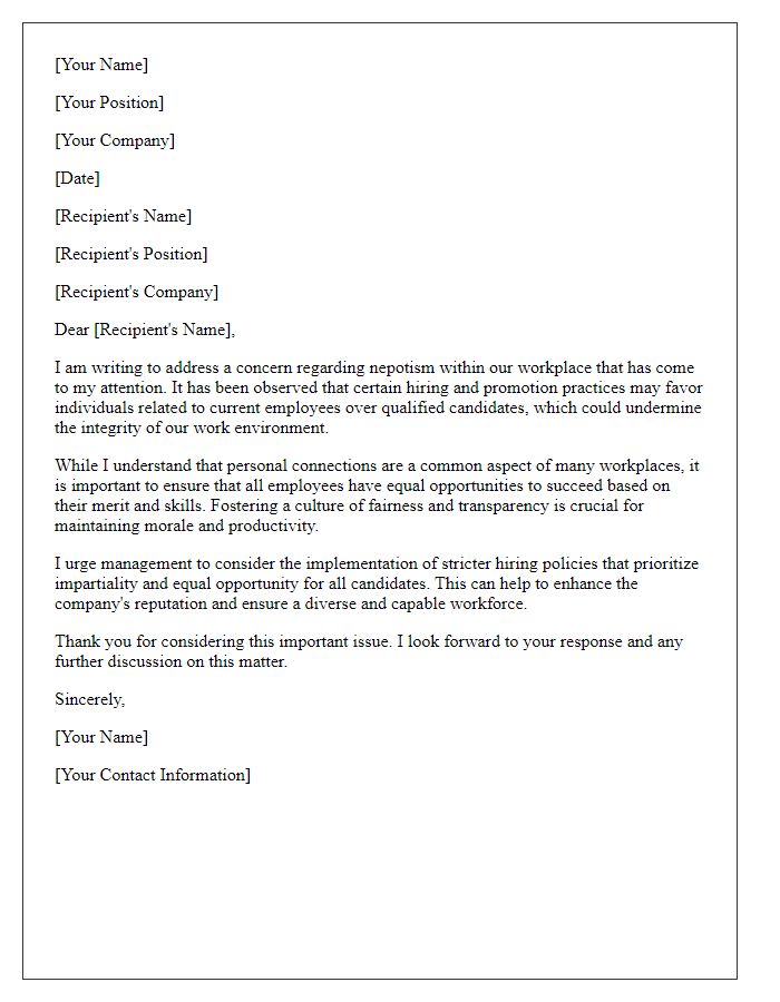 Letter template of addressing issues of nepotism in the workplace