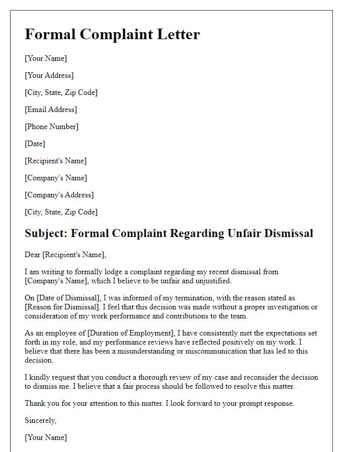 Letter template of a formal complaint for unfair dismissal